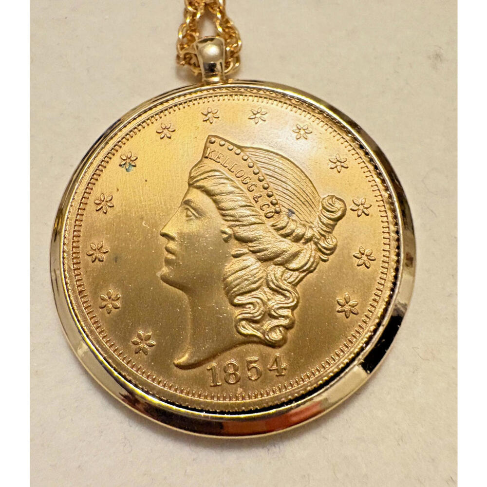 Vintage 1854 Liberty Head Replica Coin Pendant Gold Tone Necklace  17"